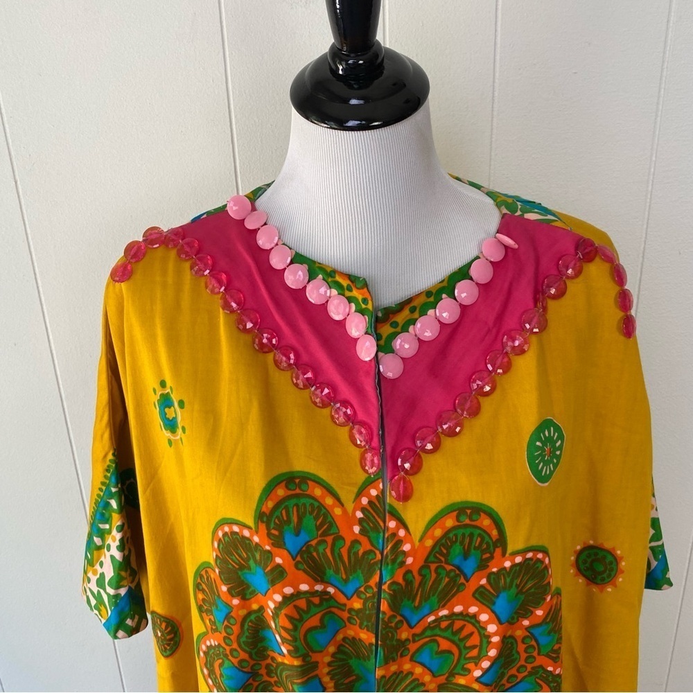 VTG 60s Top Cape Hippie Yellow Hawaiian Cotton Tunic Boho One Size Handmade - Picture 4 of 16